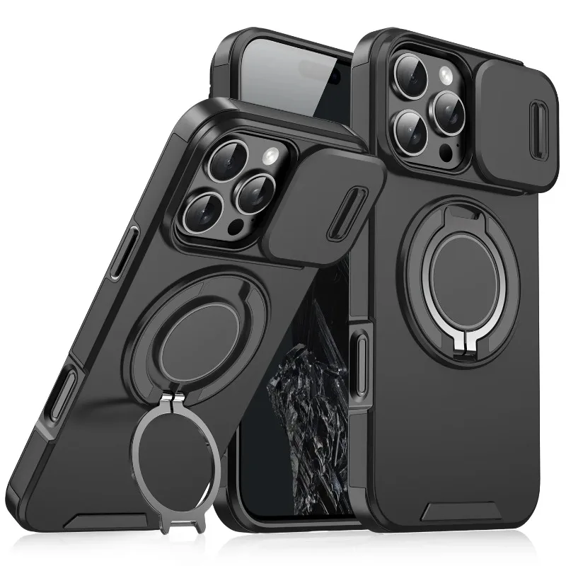 Luxury Heavy-Duty Rugged Armor Magnetic Bracket Case For iPhone 16 15 14 13 12 11 Pro Max Plus Slide Camera Protection PC Cover