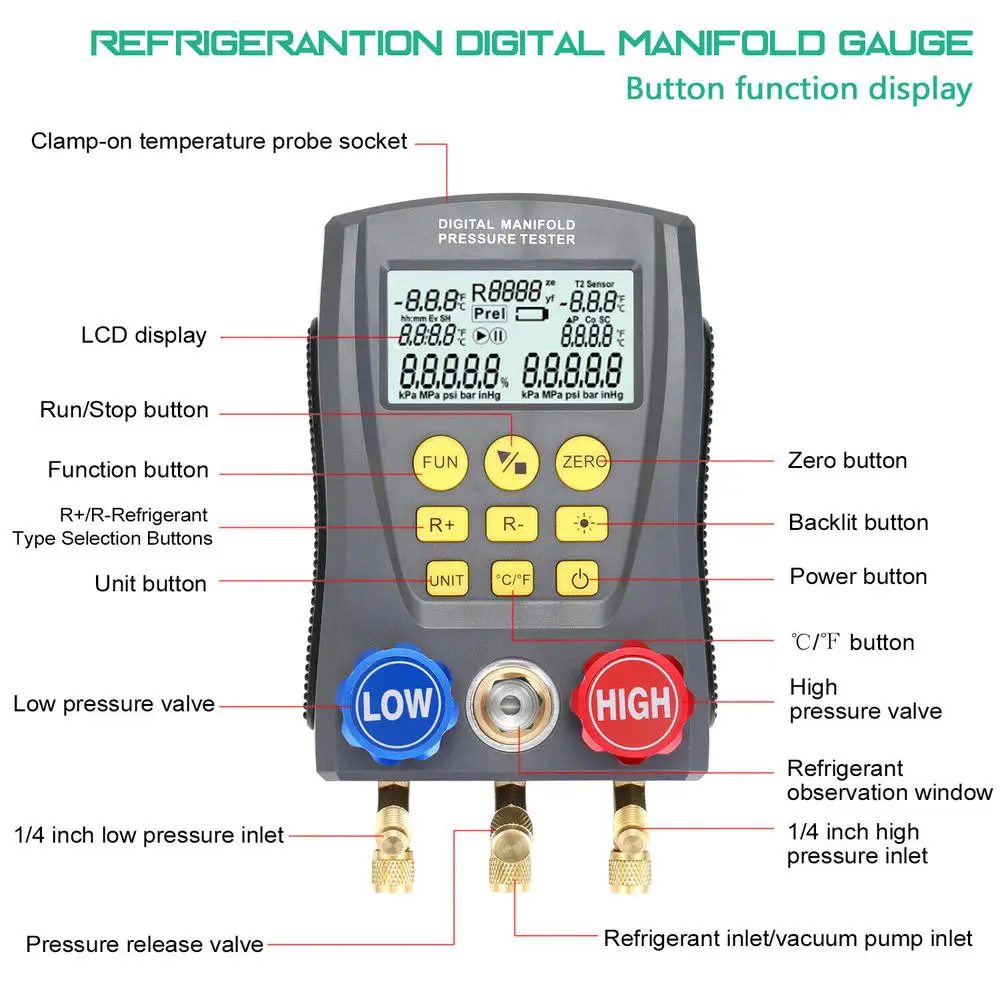 Pressure Gauge Refrigeration Digital Vacuum Pressure Manifold Tester Meter HVAC Temperature Tester Digital Manifold Gauge Meter