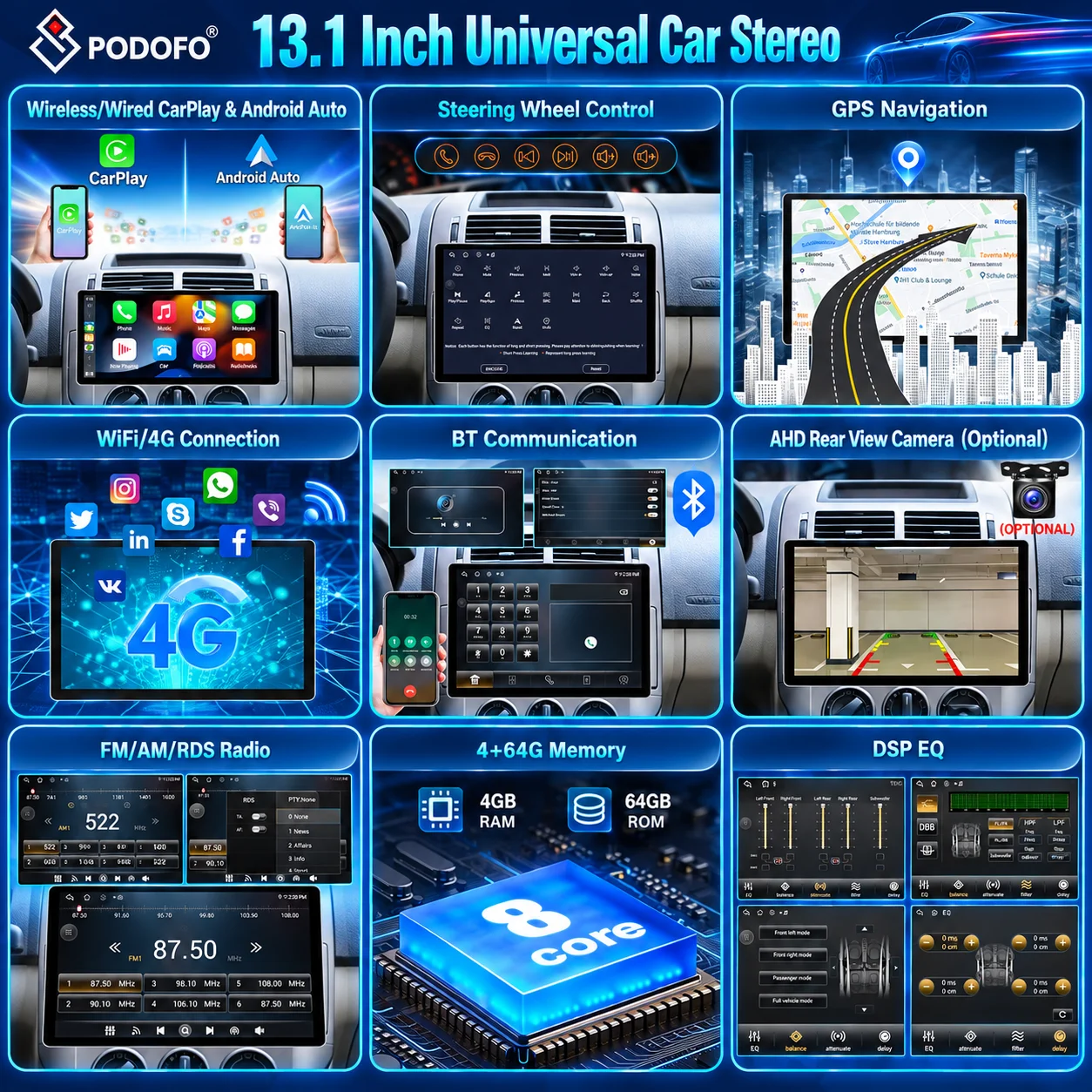 Podofo, autoradio universale da 13,1 pollici, 4+64G, con CarPlay wireless e cablato, Android Auto, schermo touchscreen HD, navigazione GPS, unità principale Android, lettore multimediale per auto con