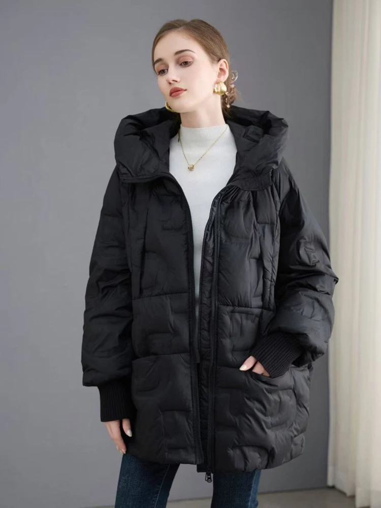 الشتاء الصلبة منتصف طول مقنعين أسفل سترة الإناث الدافئة سستة باركر أبلى المرأة الأبيض بطة أسفل جيب كبير فضفاض أسفل سترة #1