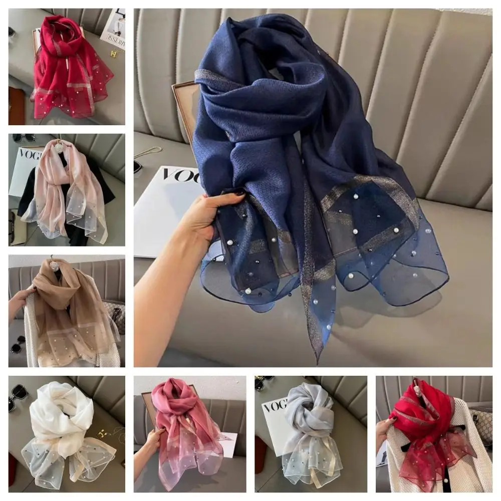 

Elegant Pearls Silk Scarf Shawls Transparent Korean Style Mesh Neck Scarves Neckerchief Sunscreen Head Scarf