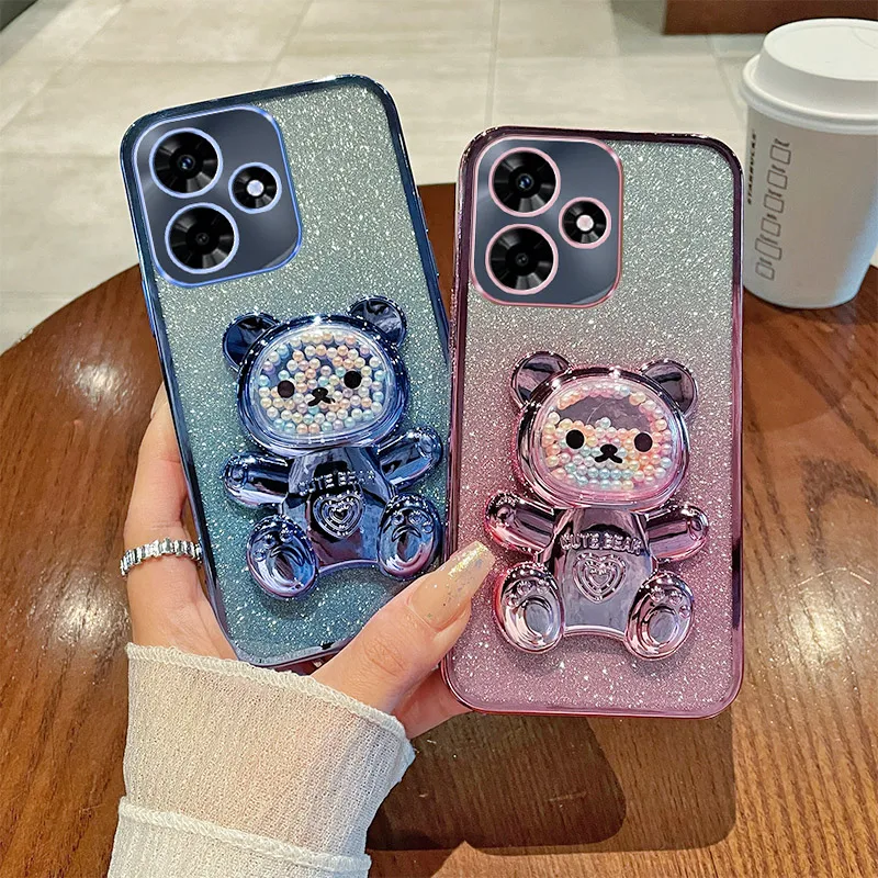 Cute Candy Bear Stand Holder Glitter Phone Case For Infinix Hot 40 Pro 40i 30i 30 20 12 11 9 Play HOT 10 Lite 11S NFC Soft Cover