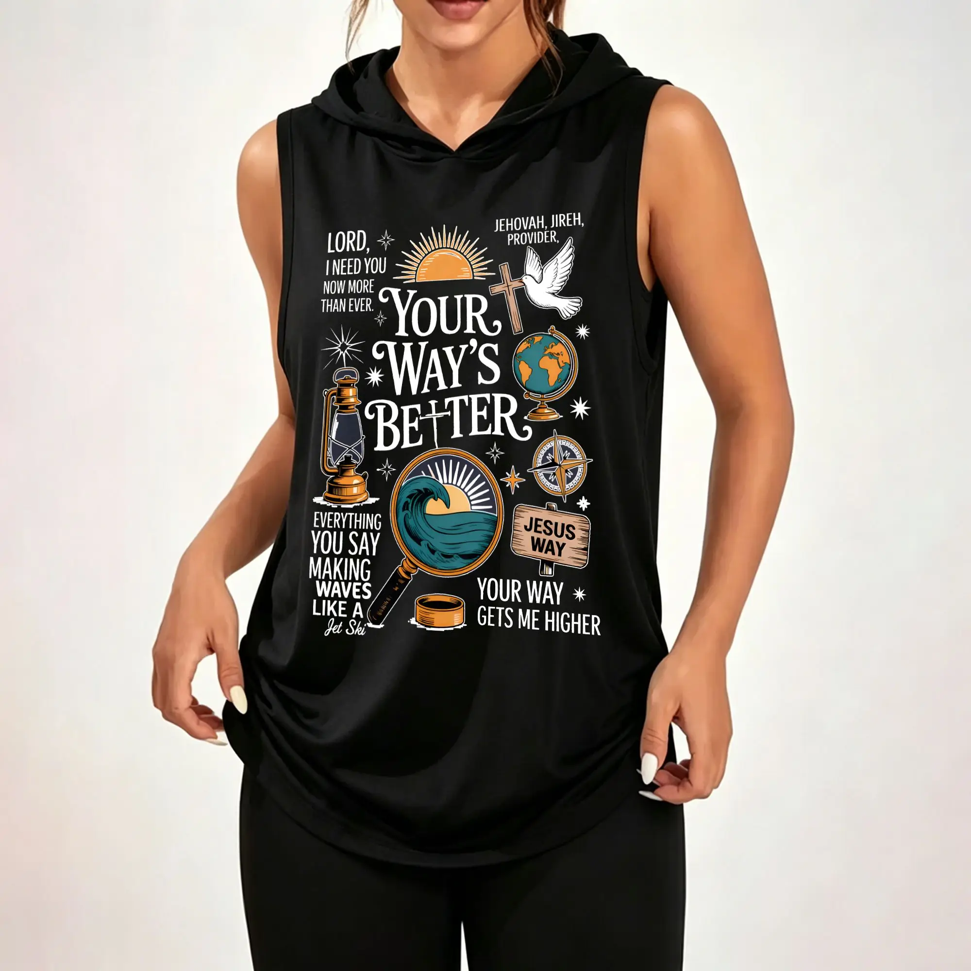 Women Sleeveless Hooded Tank Top, Faith Religious Vintage Collage Graphic Print Casual Loose Hooded Sleeveless Top ****