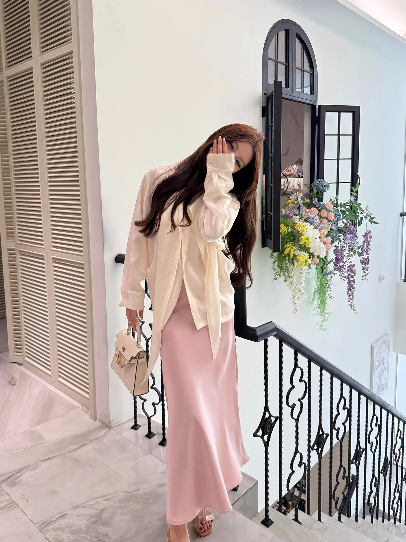 

EU Sakura Pink Satin High Waist f Skirt Women's New Fi Tail Skirt Glossy Versatile Long Skirt Commute Simple Sle