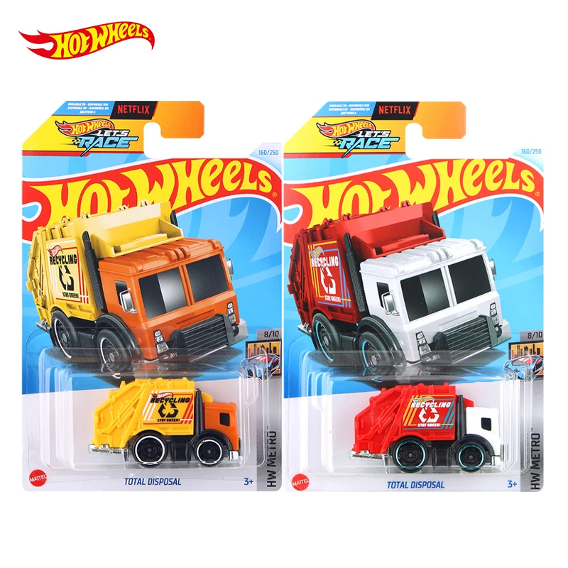 Hot Wheels Let's Race Total Disposal Trash Truck Yellow Red #160 HW Metro 1/64 Diecast Model Car Toy C4982