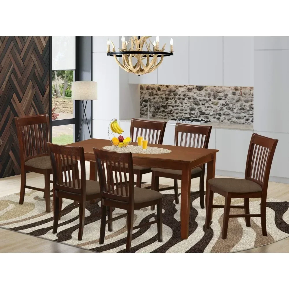 

7 Piece Dining Table Set, Consist of Rectangle Kitchen Table and 6 Linen Fabric Upholstered Chairs, 36x60 Inch Dining Room Set