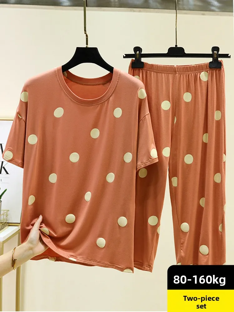 Modal Sleepwear Set Women Summer Thin T-Shirt Seven-Piece Pants plus Size Casual Top Short Sleeve Home Two-Piece Set 3