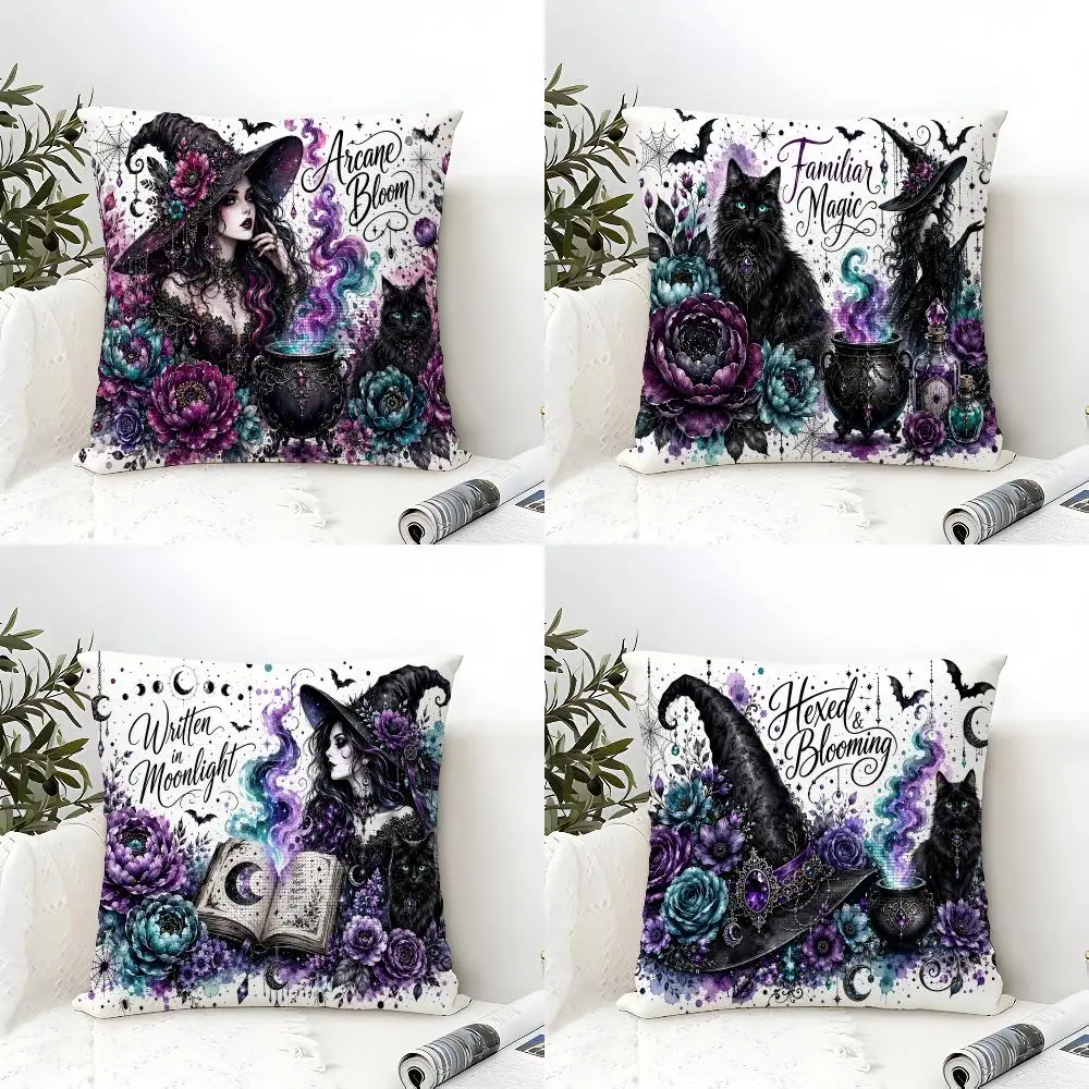 Familiar Magic Witch Cat Cushion Cover Natural Linen Organic Fabric Double-Sided Printing Breathable Perfect Gift For Decor