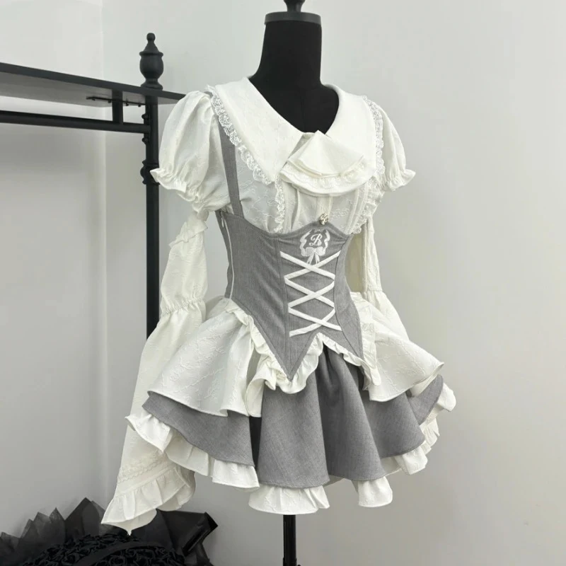 2025 Slim Bandage Mini Dress With Oversleeve Y2k Outfit Preppy Style Japanese Sweet Lolita Dress Women Elegant White Shirt Sets