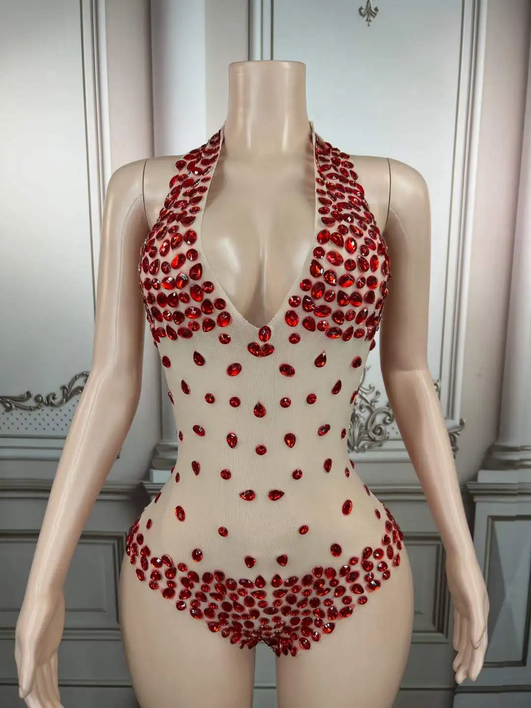 Nouveau brillant strass maille transparente danse body tenue anniversaire célébrer Costume bal fête danseur spectacle Sexy body