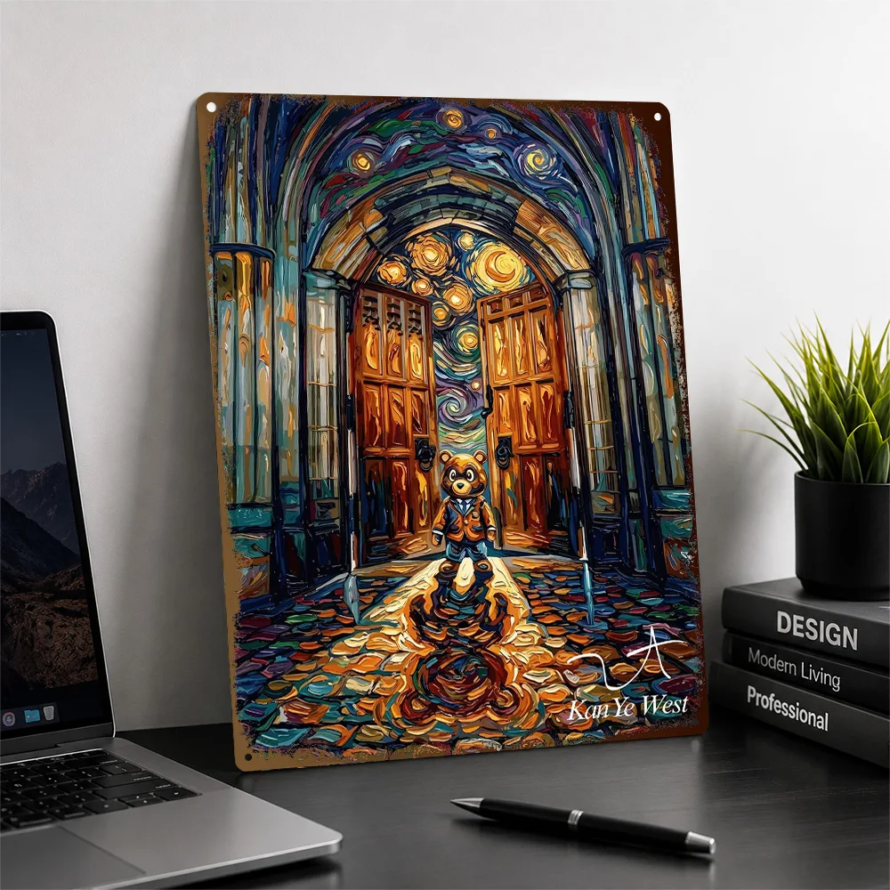 Kanye West Bear In Starry Night Cathedral Printed Poster Customized Aluminum Metal Sign Hip Hop Icon Wall Art For Urban Lounges