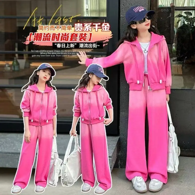 2025 New Autumn And Spring Girl Teens Tracksuit Zipper Smile Pink Jacket Hooded Top and Bottom Wide Leg Pant Child Set 4-14 Year