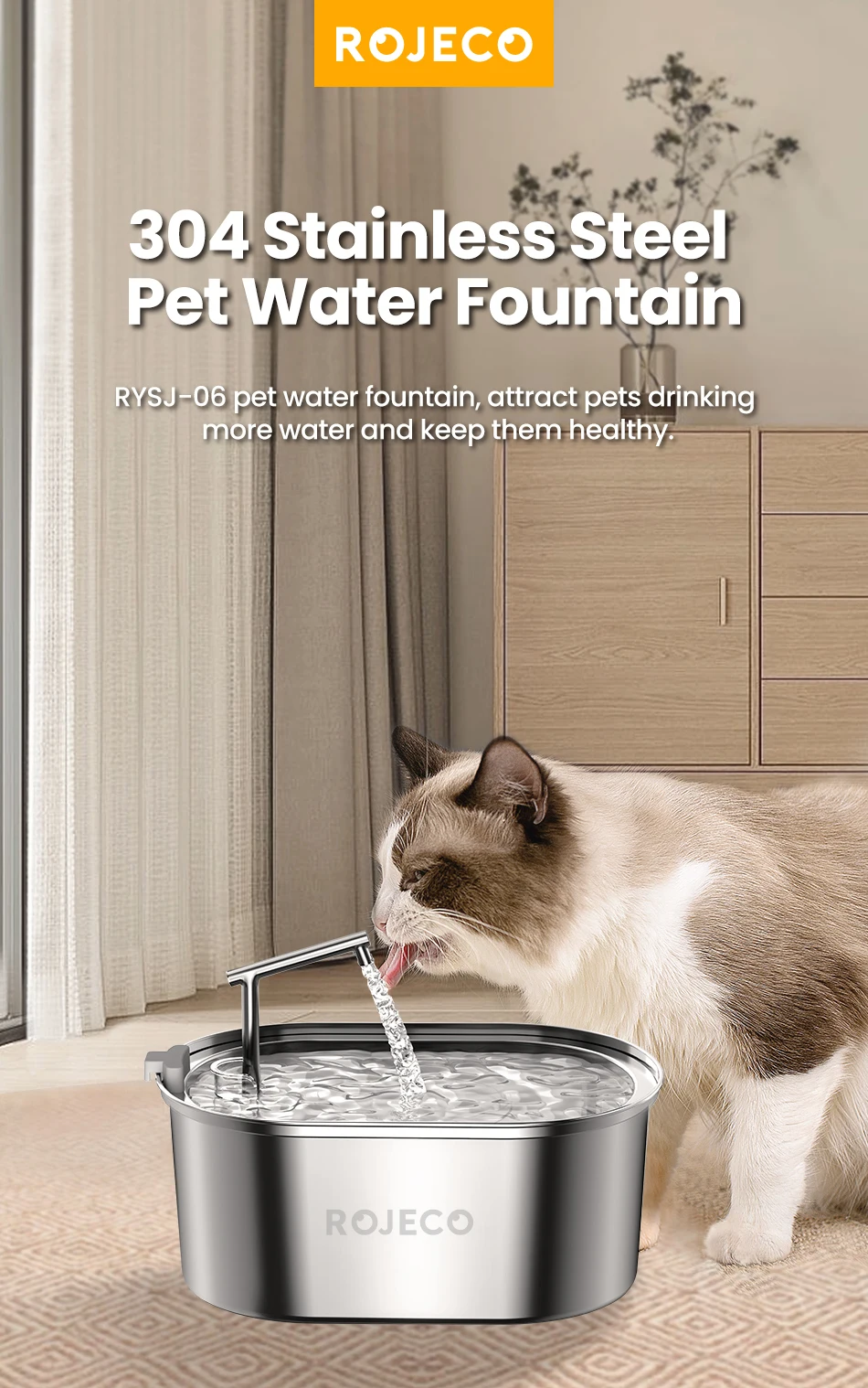 ROJECO Edelstahl Katzenwasserbrunnen Automatischer Katzentrinker Trinkbrunnen für Katzen Hunde Haustier Wasserspender Zubehör – Detail 1