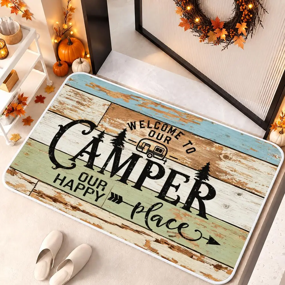 Happy Camper Life Floor Mat Soft Flannel Floor Mat Cloud Feel Non-slip Bath Rug Machine Washable Foam Carpet Door Mat