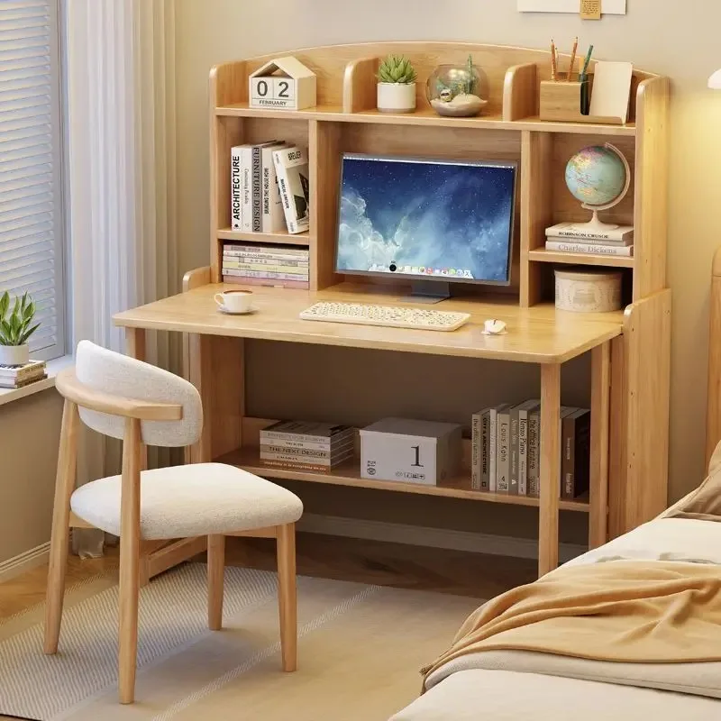 Solid wood desk wind bookshelf integrated table household folding computer table small apartment bedroom student writing table