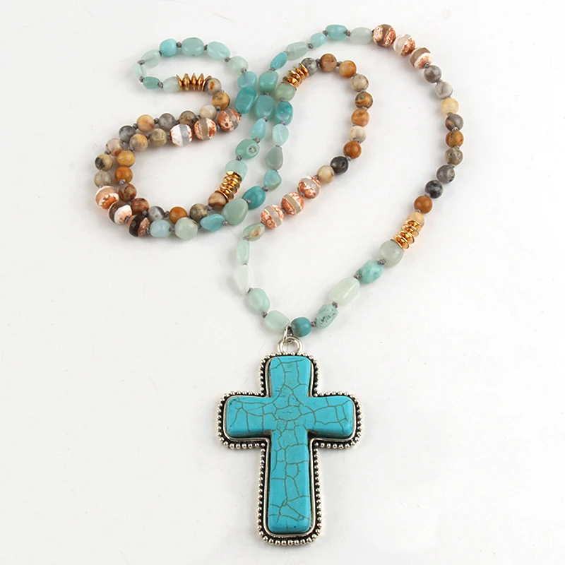 RH Fashion Jewelry Accessory 6mm Natural Stones Beads Knotted  Cross Charm Pendant Necklaces For Festival Gift Dropship