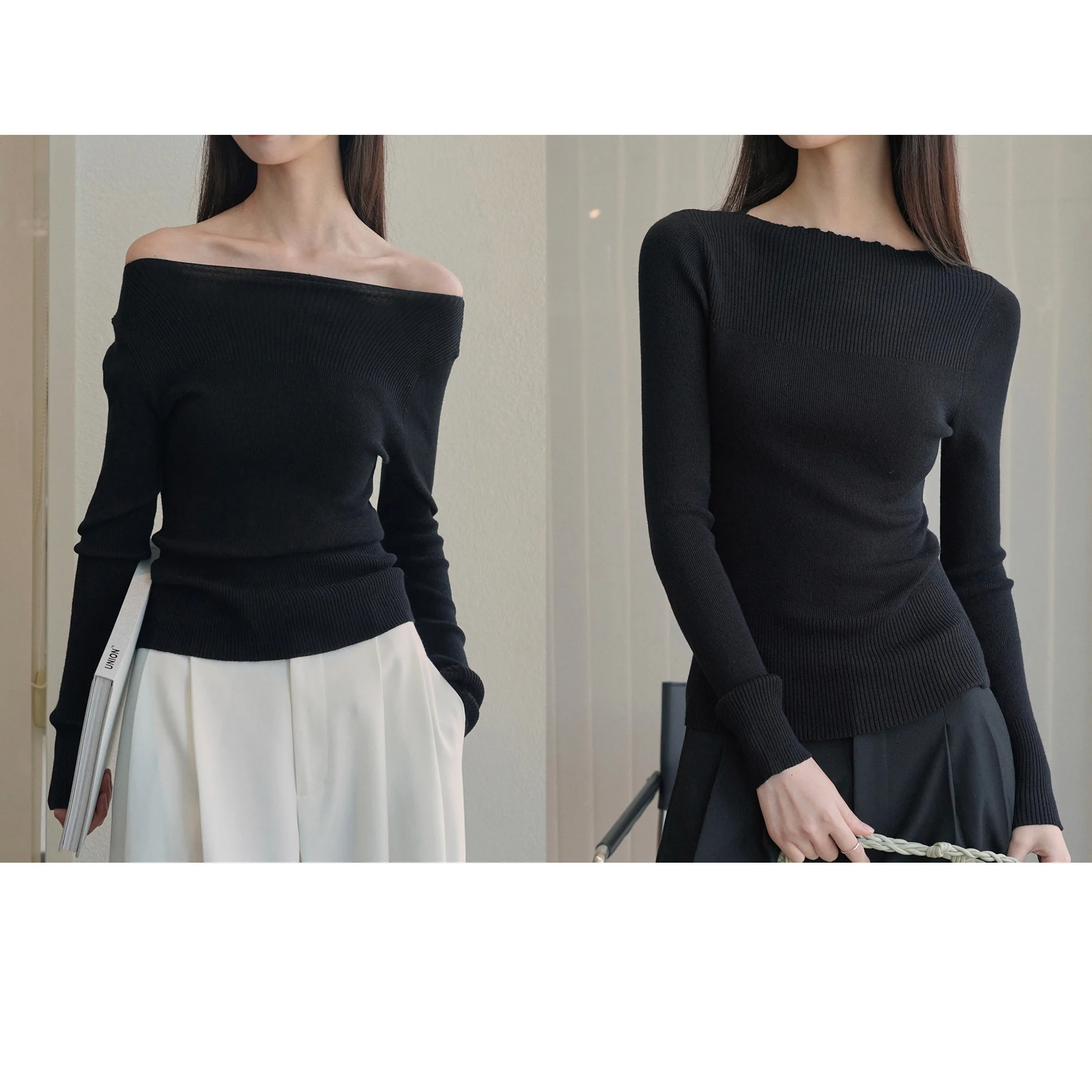 Knitted Boat Neck Tops Slim Two Way Off Shoulder Sweater Fashion Autumn Pullover Knitwear Women