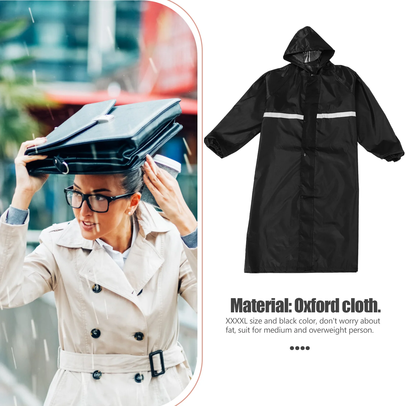 

1 pc Waterproof Raincoat With Reflective Strips Long Windbreaker Rainwear Large Size Xxxxl Black Hooded Outdoor Labor