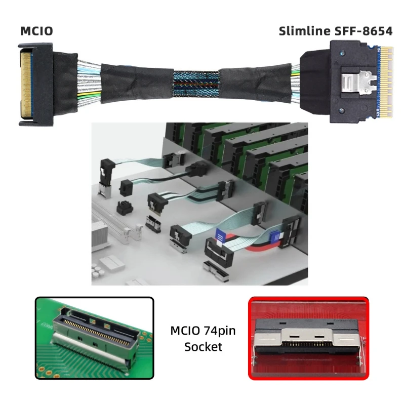 Zihan PCI-E 5.0 Mini Cool Edge IO MCIO Slimline 8i 74Pin Male to SFF-8654 SAS 4.0 74Pin Male Extender Cable 50cm