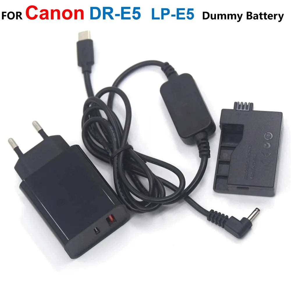 USB Type-C Power Bank Cable+DR-E5 DC Coupler LP-E5 Dummy Battery+PD Charger Adapter For Canon EOS 450D 500D 1000D XS XSi T1i