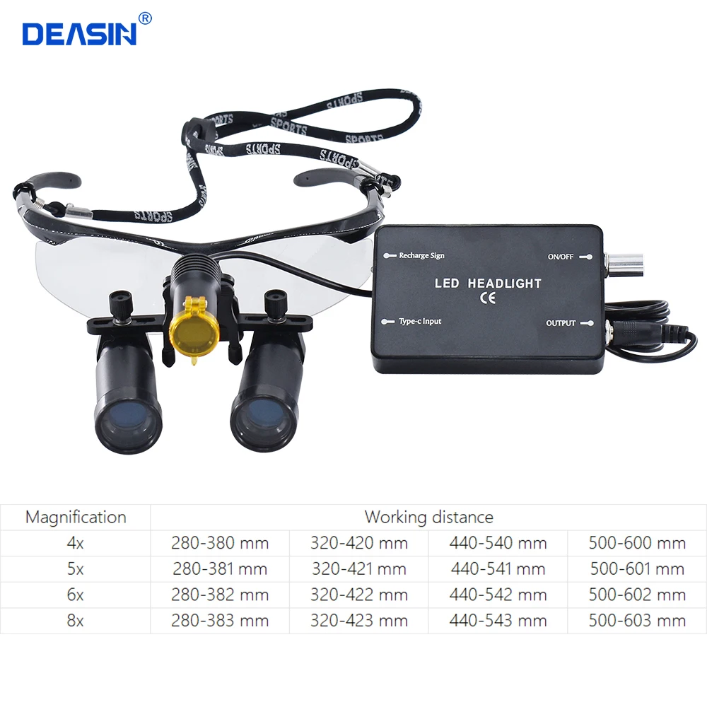 4X 5X 6X 8X Binocular Dental Loupes with Protection Goggles Glasses 360-460mm Dental Magnifier with 5W Dental headlights