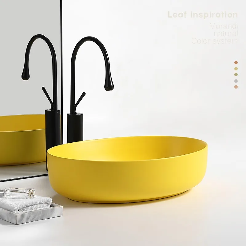 Nordic matte yellow counter basin oval household ceramic wash basin
