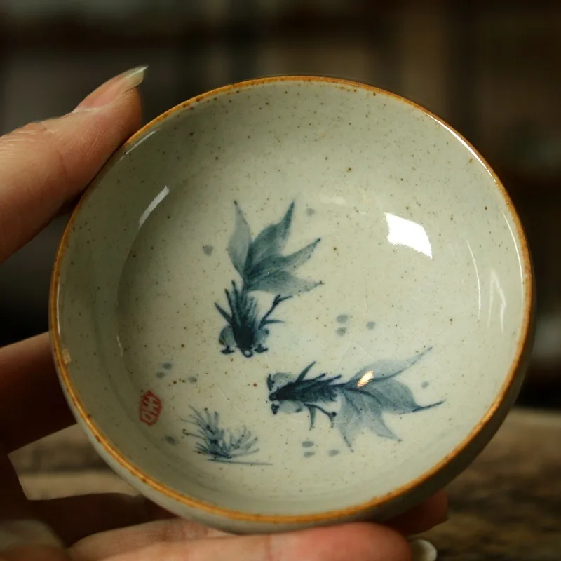 Copos de cerâmica chineses pintados à mão, vintage, conjunto de xícara de chá, placa de peixe dourado para cerimônia de chá, pratos, canecas de café