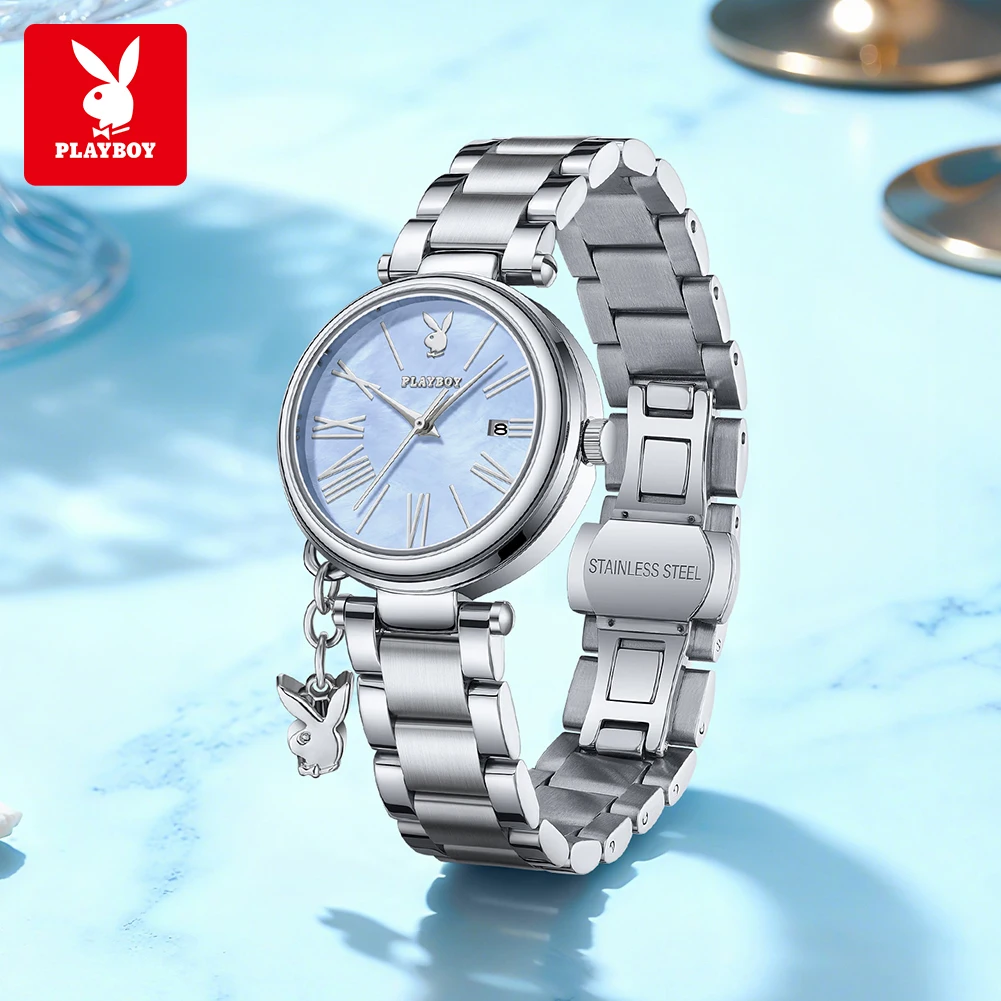 PLAYBOY Luxury Elegant Women Watches Auto Date Quartz Wristwatch Stainless Steel Waterproof Luminous Watches For Woman 3109