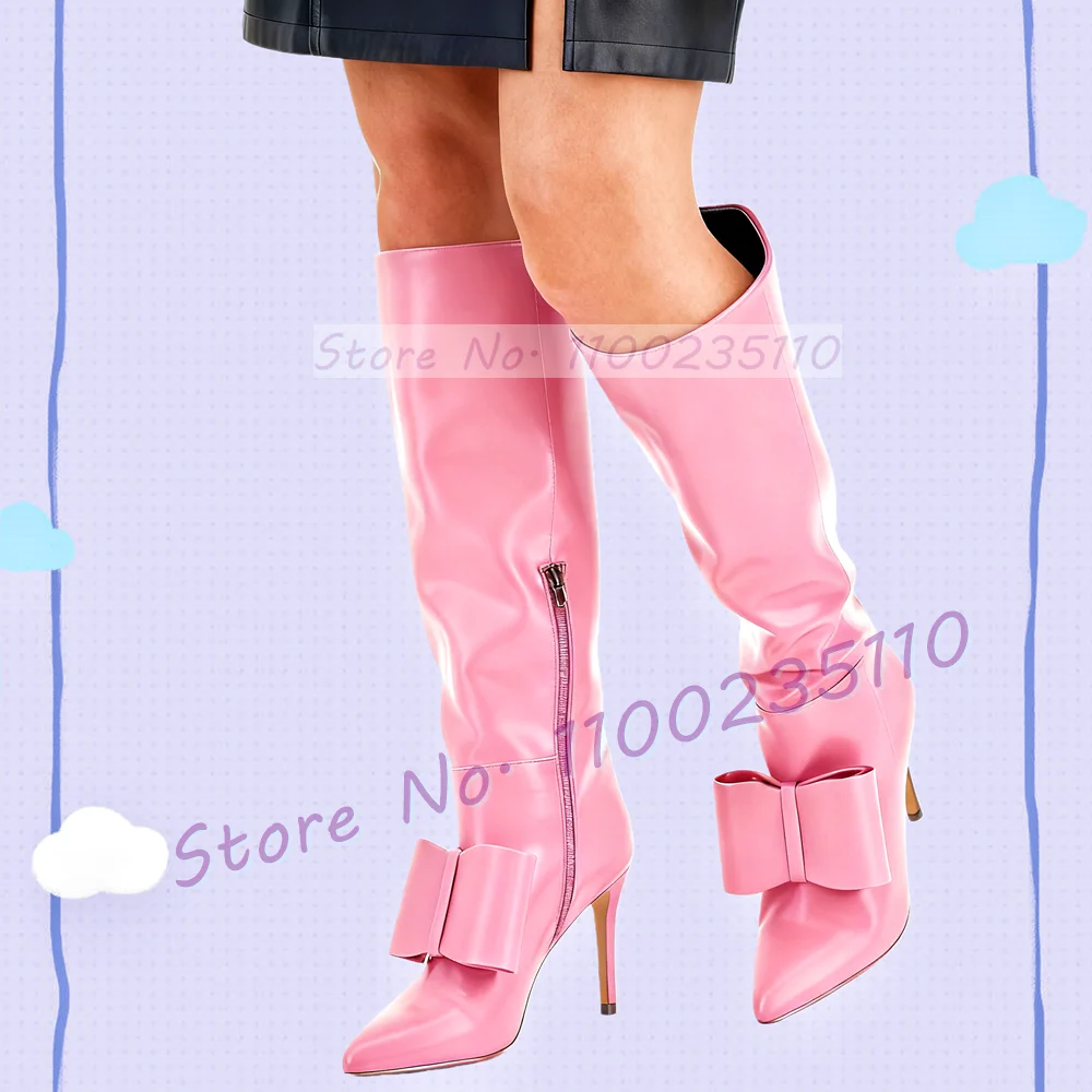 Pink Bow Knee High Boots Women Fashion Metallic Splicing Leather Feminine Side-zip High Heel Shoes Party Pointy Toe Tall Boots