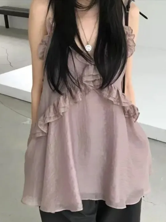 달콤한 한국 스타일 여름 신상 여성 오프숄더 민소매 러플 디테일 섹시 탑