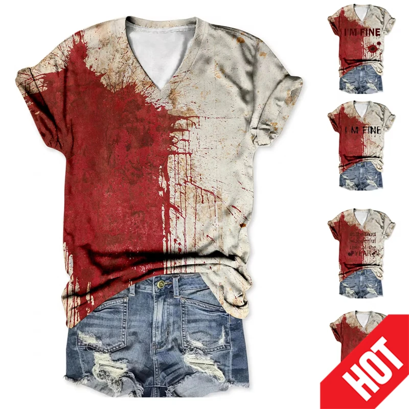 3D Blood Print T Shirt Women Summer New O Neck Short Sleeve Tops Fashion Style Female Clothes Casual Vintage V Neck T-shirts