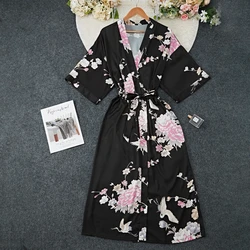 Black Print Flower Long Robe Nightgown Spring Summer Half Sleeve Kimono Bathrobe Gown Women Sexy Rayon Home Dress Loungewear