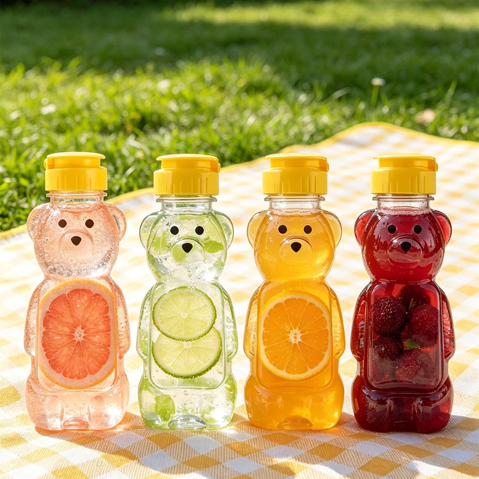  Transparent Cold Drink Milk Tea Juice Yogurt Bottle Bear-Shaped Plastic Water Bottle for Students and Children Portable Transparent Water Cup Milk Tea Cup 4Pcs-8Pcs Squeeze Bottle 
