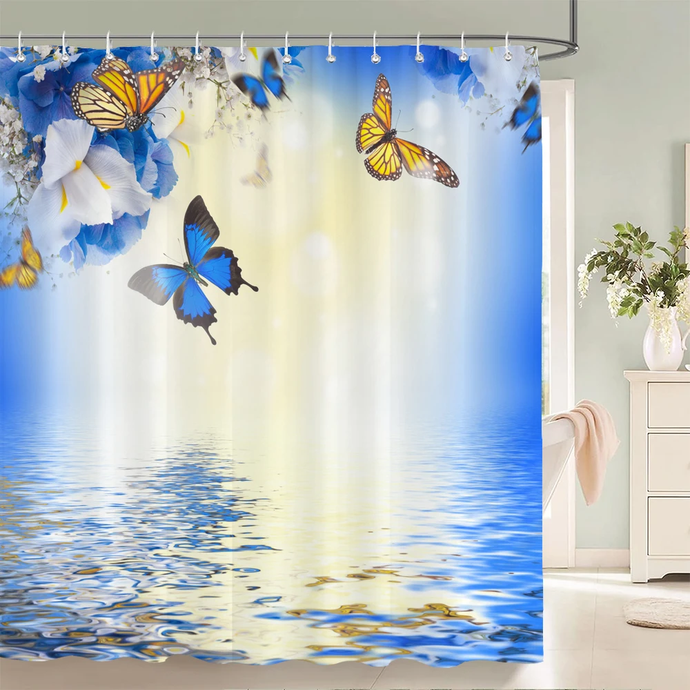 

Colorful Flower Butterfly Fabric Shower Curtain Bathroom Curtains with Hooks Waterproof Printing Floral Bath Curtain Home Decor