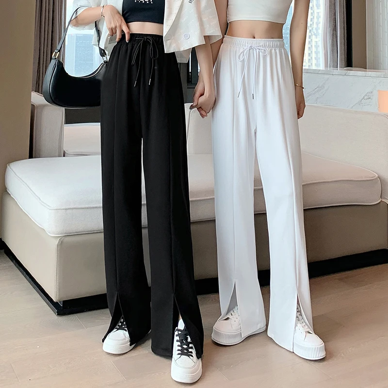 M-5XL Women Wide Leg Pants 2022 Summer Thin Elastic Waist Loose Straight Trousers Female Casual Slit Pants