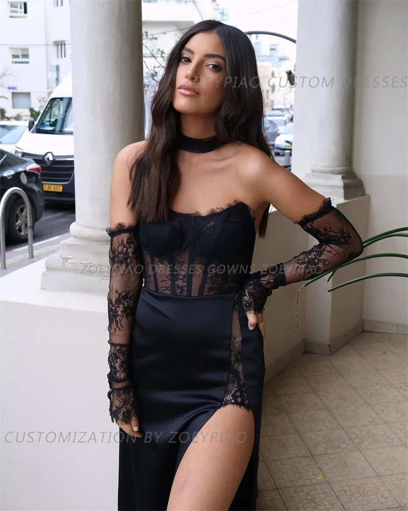 2024 Black Lace Satin Party Evening Dress Full Sleeves Beach Strapless Floor Length Side Slit Formal Cocktail Prom Gowns Dresses