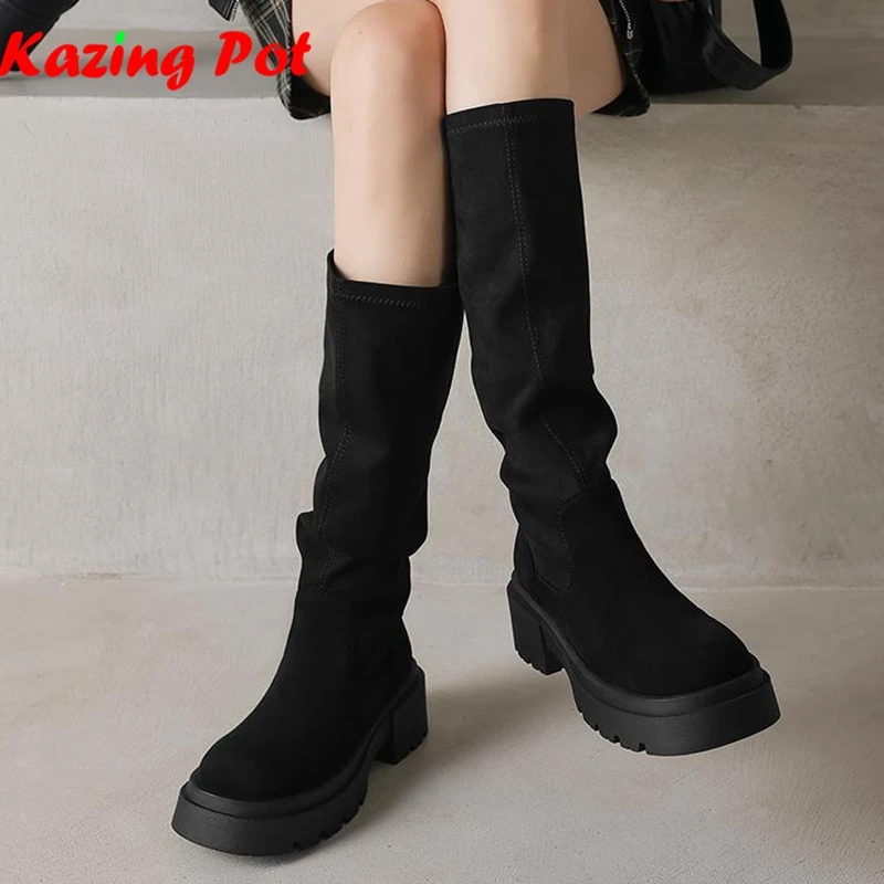 

Krazing Pot Flock Med Heels Modern Boots Casual Winter Autumn Shoe Pleated Decoration Brand Flat Platform Women Mid-calf Boots