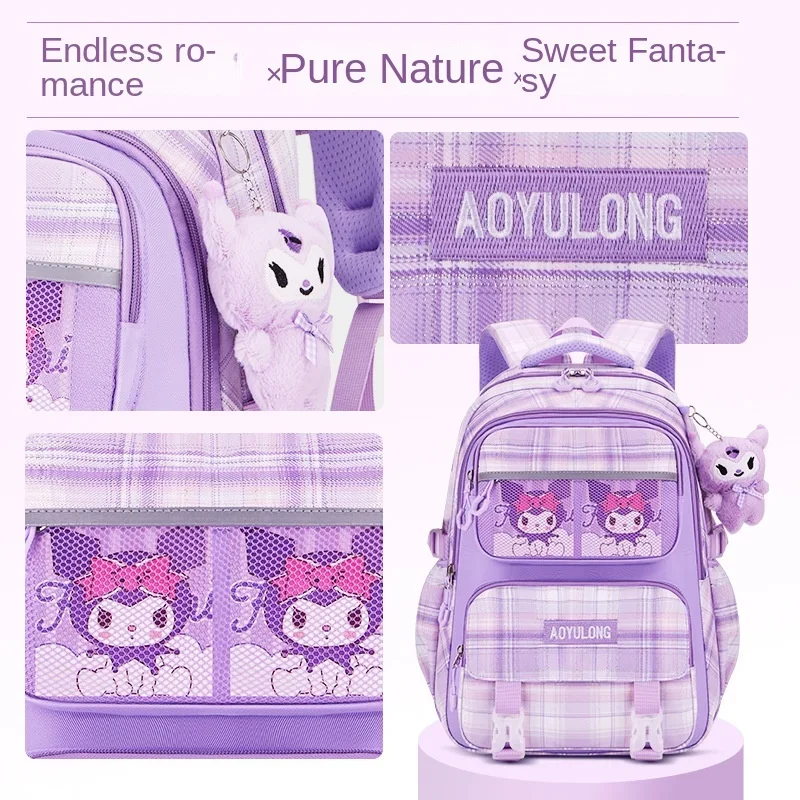 Sanrio Kulomi lindo bolso escolar divertido para niños Yugui perro simple a cuadros dulce impresión mochila de gran capacidad