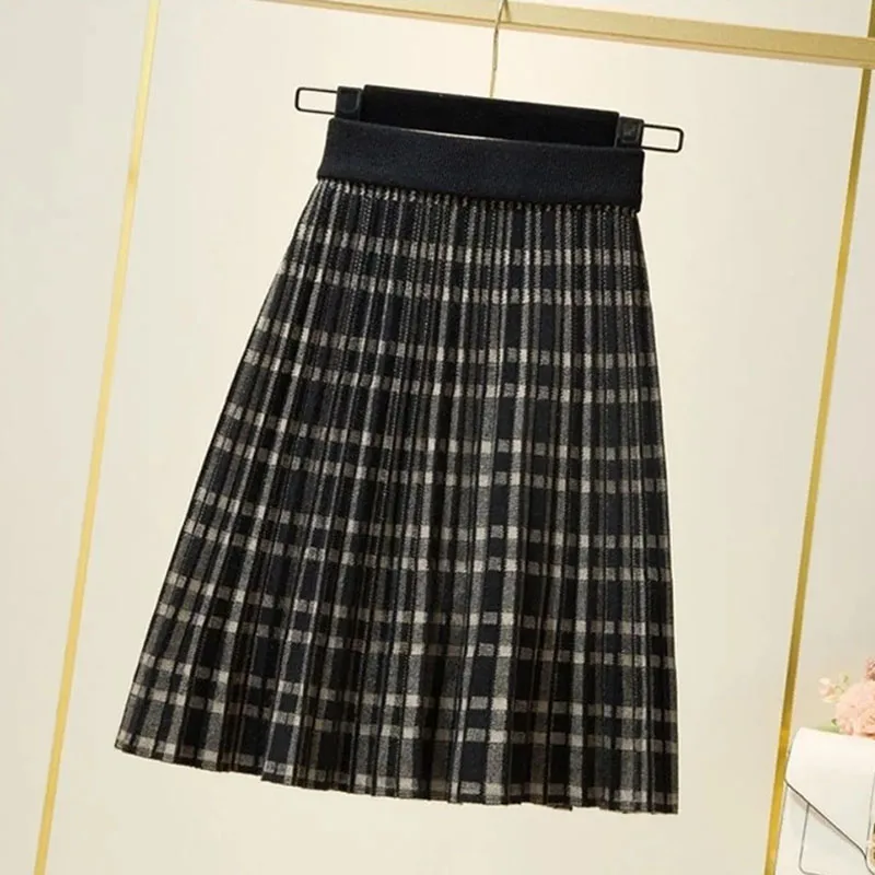 Saias de malha xadrez vintage para mulheres outono inverno elástico cintura alta emagrecimento saia plissada harajuku streetwear saia linha a