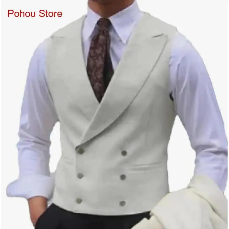 Sleeveless Jacket Wedding Banquet Business Casual Slim Waistcoat Men Vest Brown Peaked Lapel Double Breasted