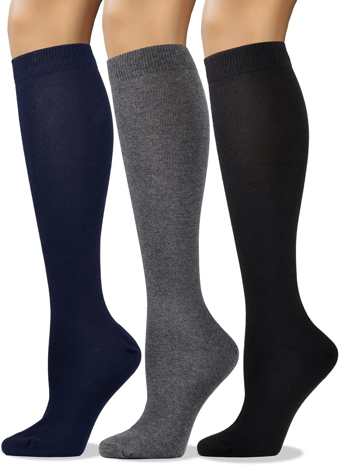 

Women's Soft Combed Cotton Knee High Socks Seamless Toe Black White Gray Navy Blue Brown 3 Pack