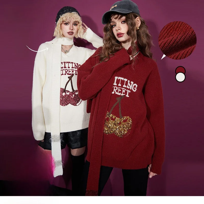 

Женский зимний свитер Lazin Sle Long Sve с вышивкой вишневым узором, новогодний праздничный халат, V-образный вырез, свободный крой, вязаная одежда