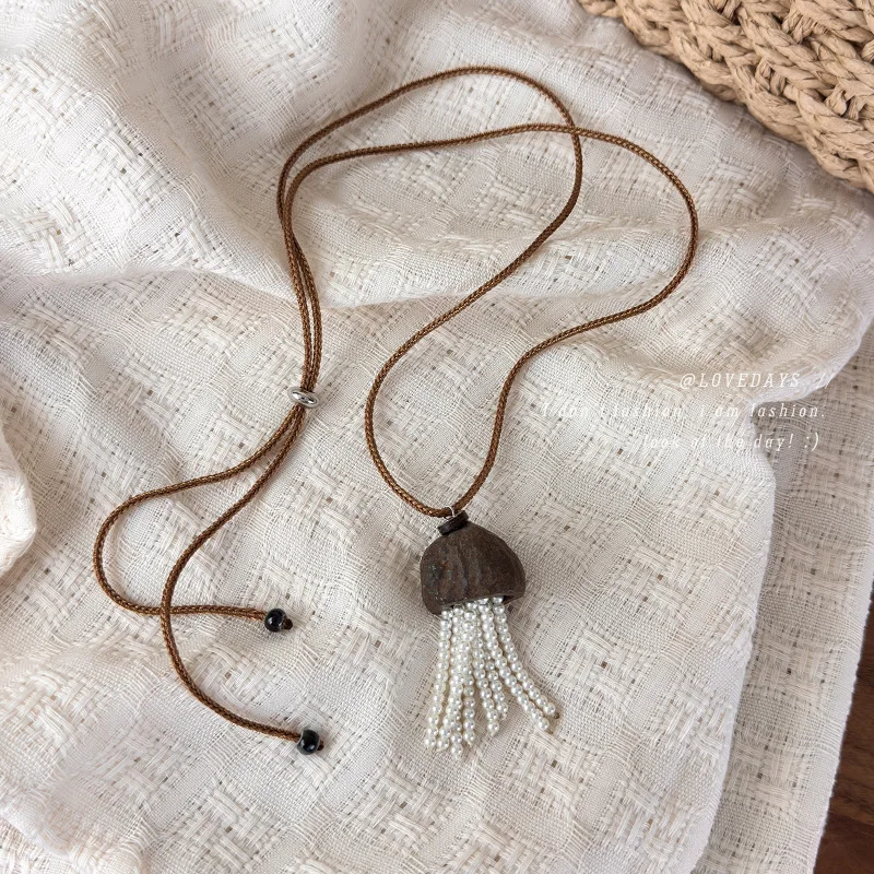 Necklace Jellyfish Faux Pearl Long Slider Cord Sweater Chain Niche Nutshell Tassel Adjustable Lightweight Multicolor