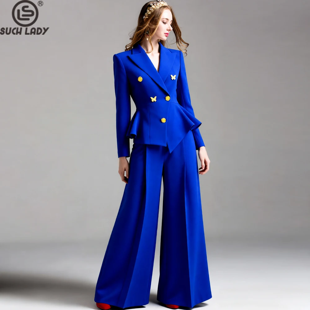 Women's Royal Blue Peplum Blazer  Wide Leg Pants Suit Double Breasted Gold Button Butterfly Decorated Two Piece Set for Office