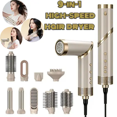 9 in 1 Haartrockner Bürstenlos Hochgeschwindigkeits-Haartrockner mit Diffusor Ionen-Haartrockner Heißluft-Styling-Kamm Automatischer Curler