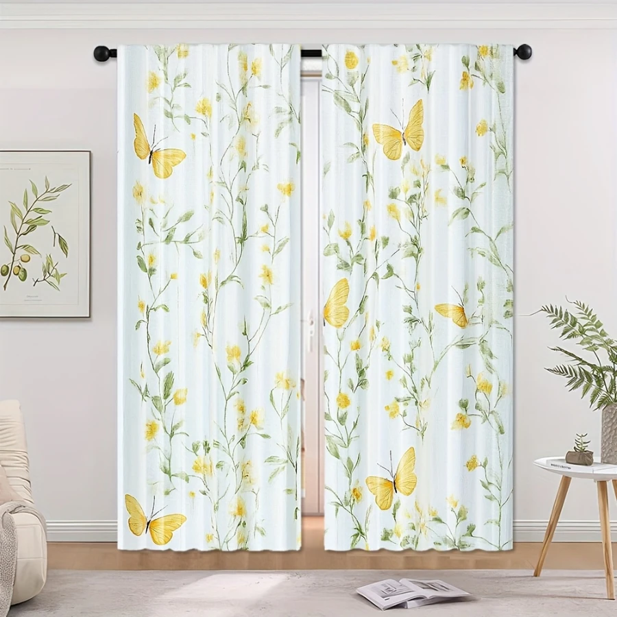 2PCS Digital Printed Curtains, Light Yellow Flower Butterfly Pattern, Stylish Window Treatment for Living Room Bedroom Decor