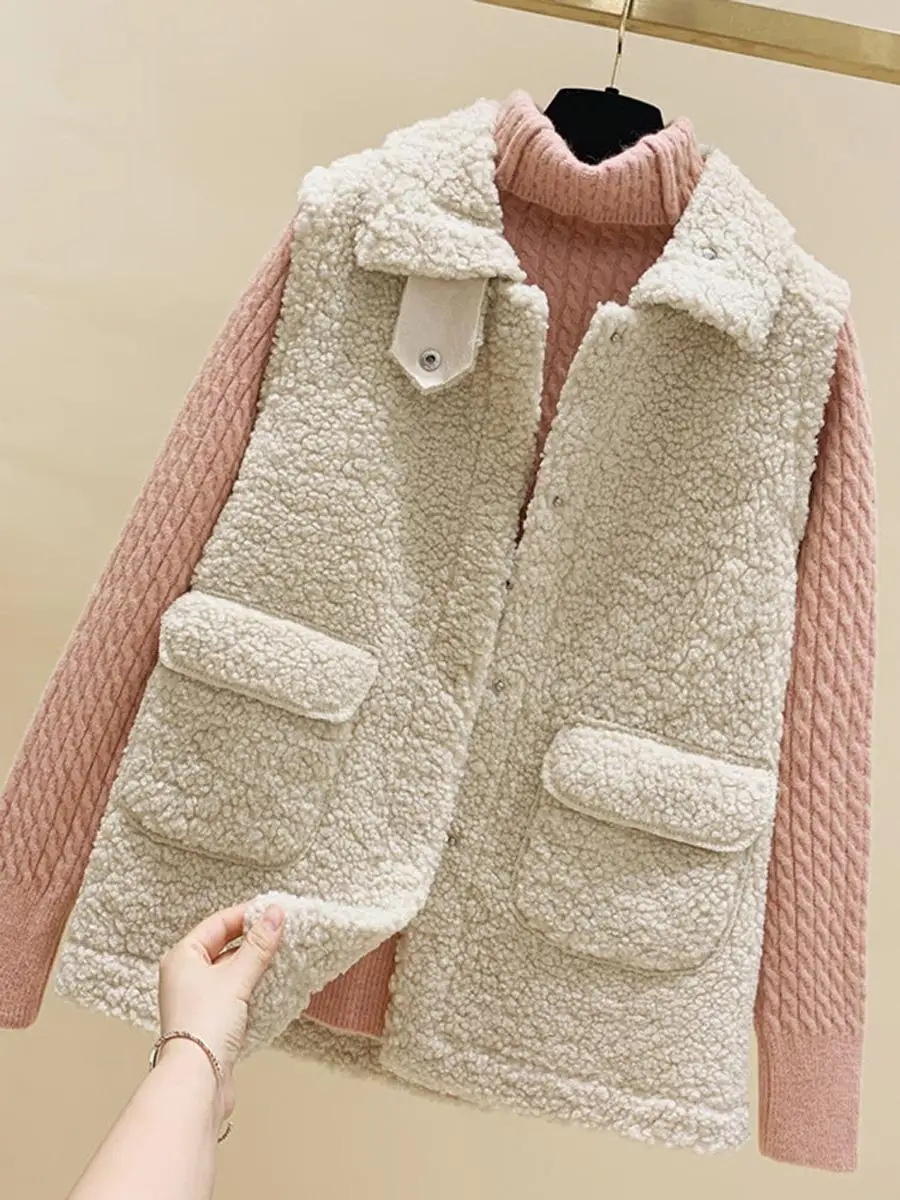 

Корейский свободный женский жилет из овчины, осенне-зимняя новая модная верхняя одежда, трендовая модель для работы и повседневной носки, однотонный, из полиэфирного волокна