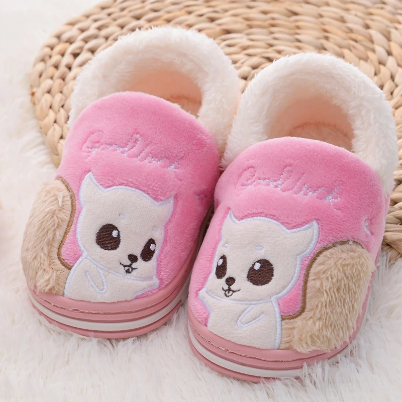 Toddler Girls Slippers Winter Shoes Kids Casual Home Wear Baby Warm Anti-slip Loafers Cartoon Squirrels Children House Footwear