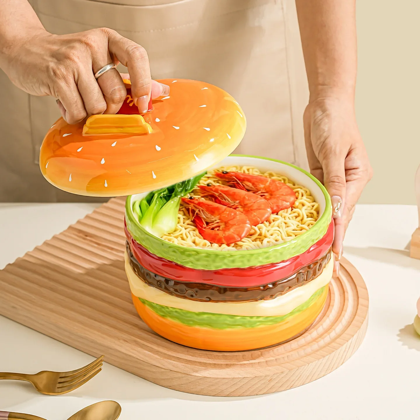 Hamburger Ramen Bowl with Lid Ceramic Noodle Soup Bowl for Women Stylish Large Bowl Personal Use