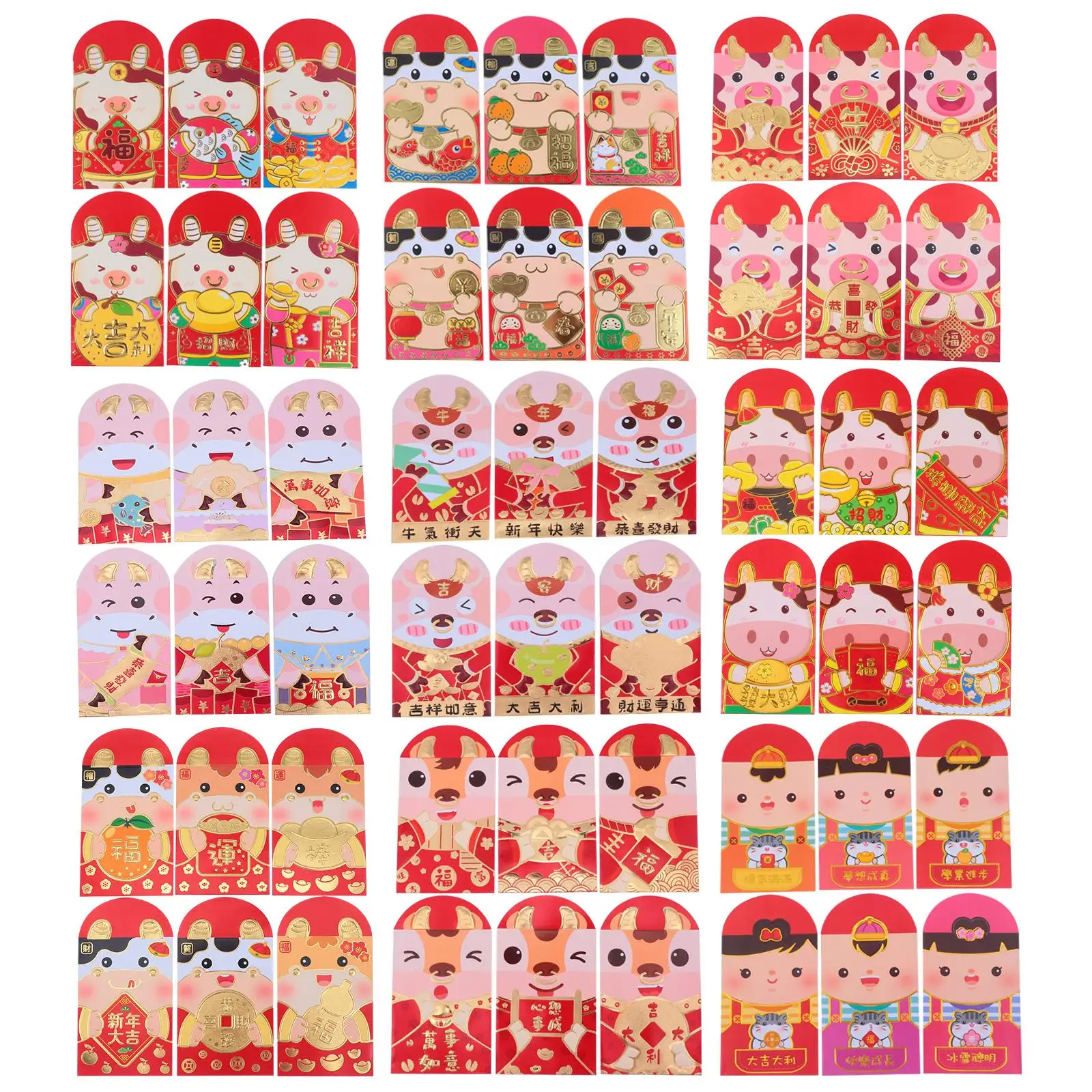 

54 Pcs Red Envelope Bags Cartoon Ox Year Design Spring Festival Gift Pouches Coated Paper Money Pockets Chinese Style